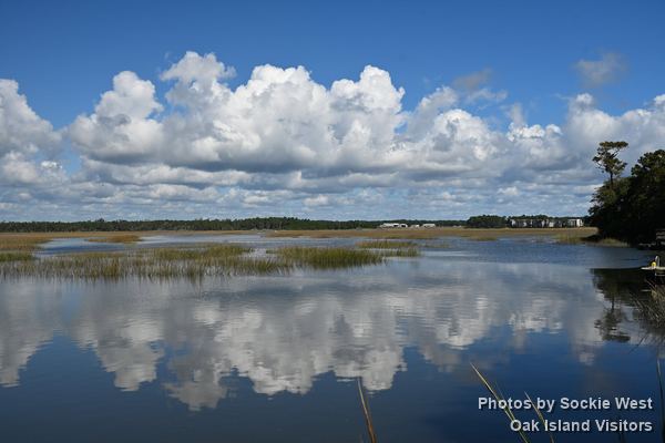 Clouds reflected in still marsh water at May Moore Park