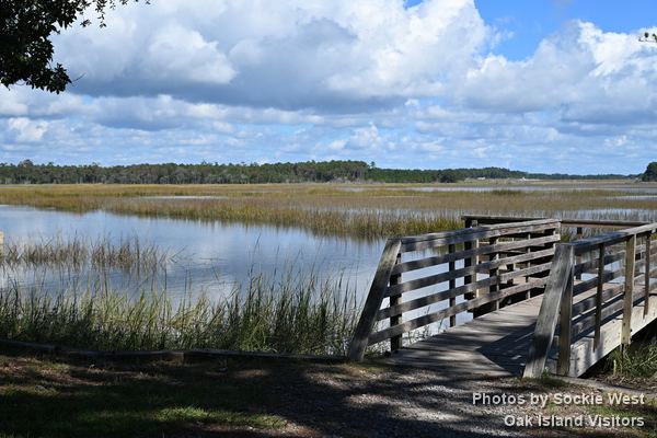 Wooden boardwalk out to the salt marsh at May Moore Park